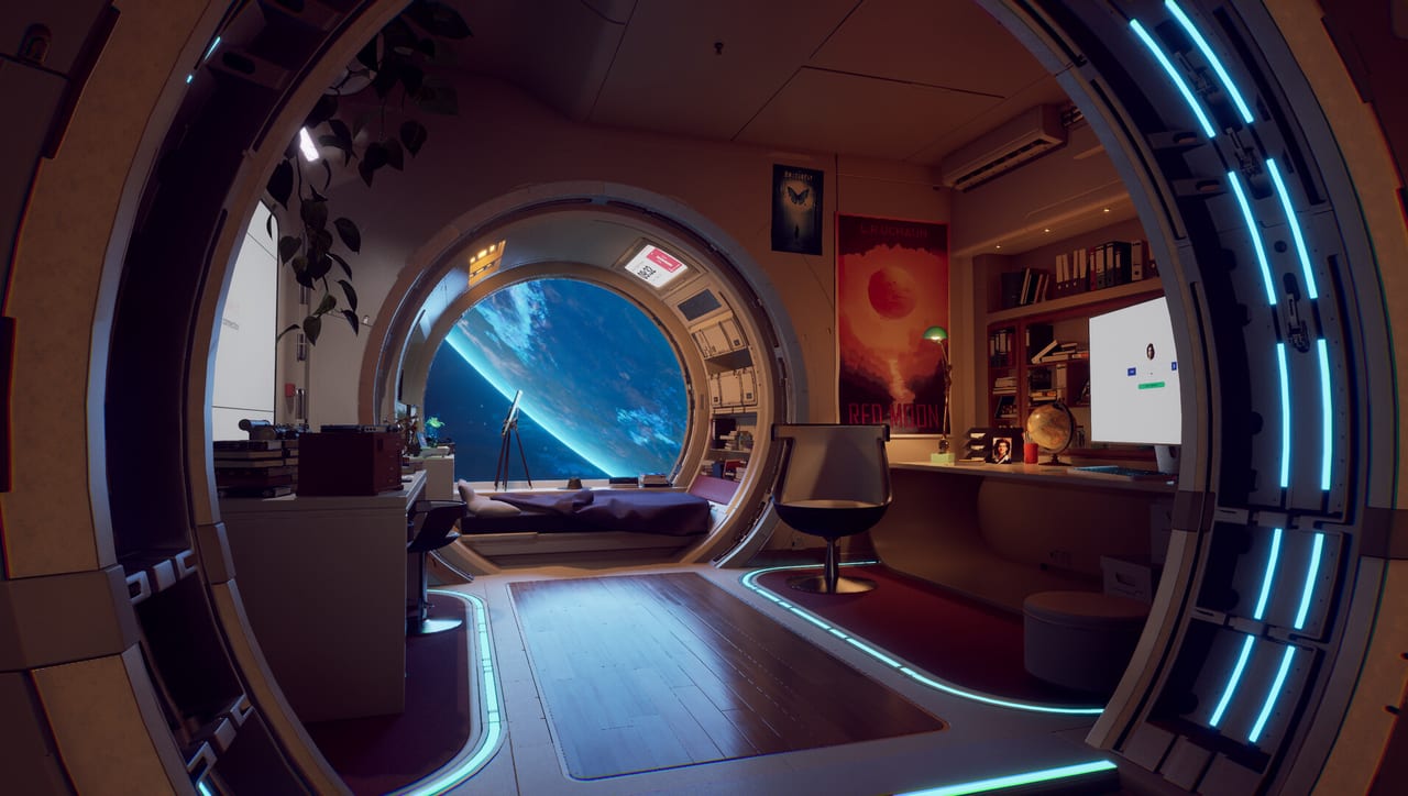 Crewkabine in Rivage auf A.R.E.S. mit rundem Fenster auf einen blauen Planeten, Schreibtisch und teal farbener Bodenbeleuchtung.